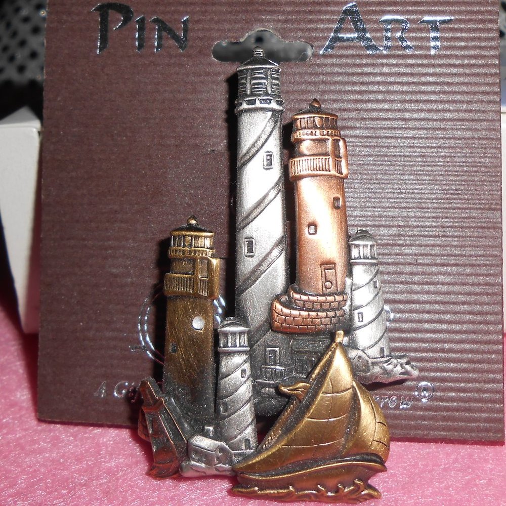 Lighthouse & Sailboat Bronze Silver Gold Brooch